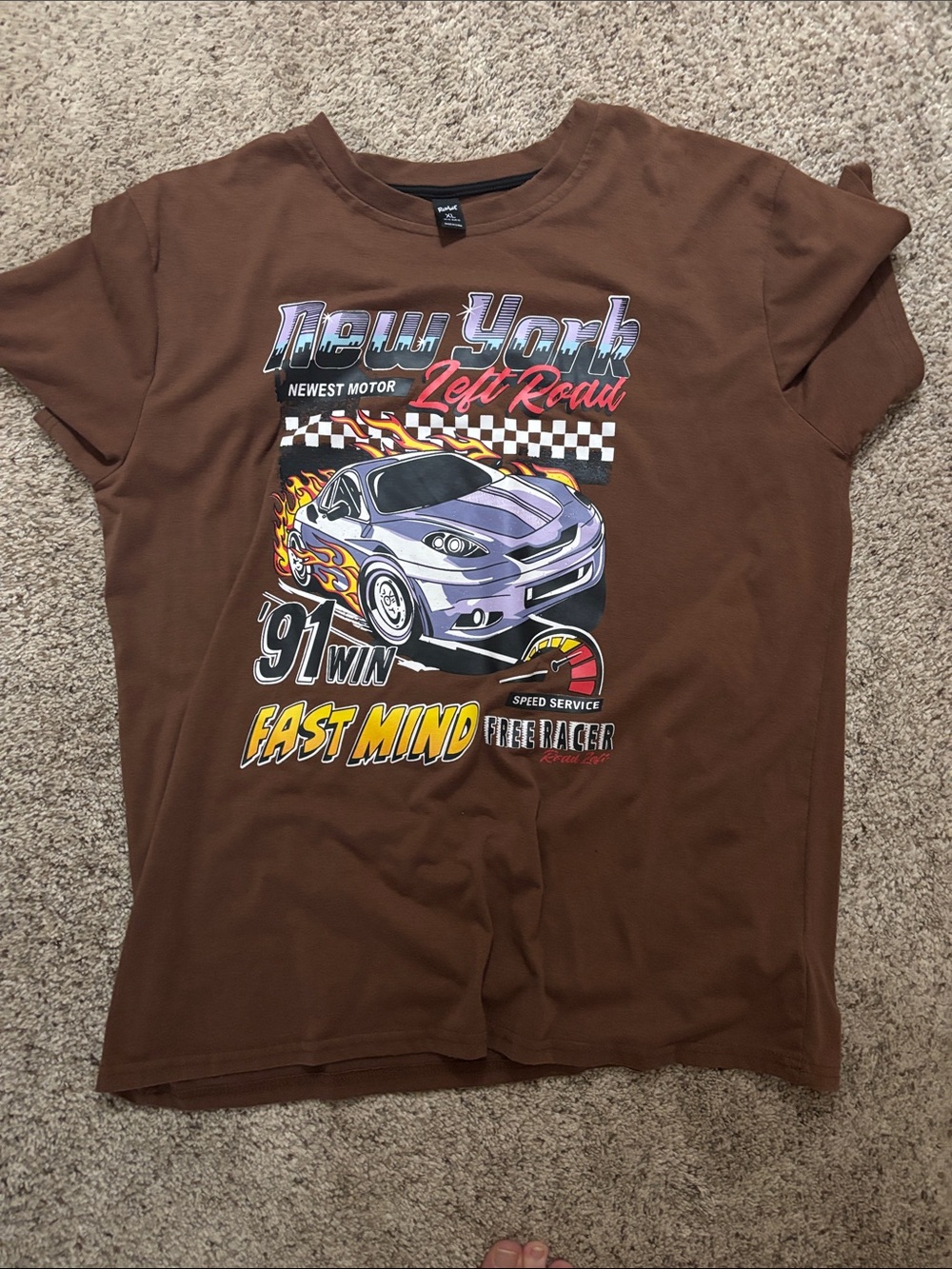 ROMWE Brown Graphic Racing Tee with Purple Car Print